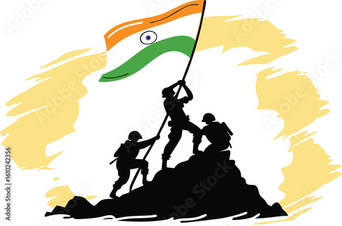 indian soldiers raising flag, silhouette, patriotic clip art preview