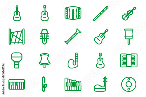 Comprehensive collection of musical instrument outline graphics featuring a variety of sound making devices for creative projects and thematic designs
