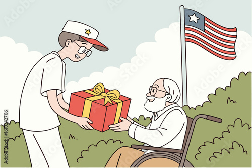 Volunteer delivering a gift to a senior citizen in a wheelchair outdoors