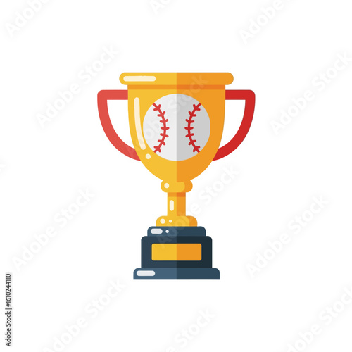 Golden trophy with red handles and a baseball design on the front, sitting on a dark blue and gold base.