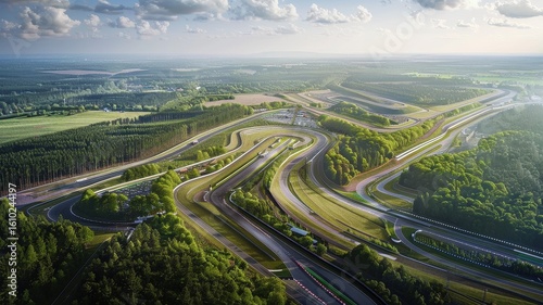 Discover a breathtaking panoramic view of the Hockenheimring layout, showcasing the twisting roads and lush surroundings under a vibrant sky.