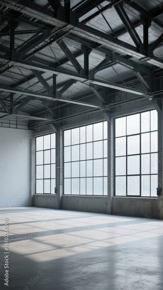 Fototapeta premium Empty Industrial Warehouse with Large Windows and Steel Beams