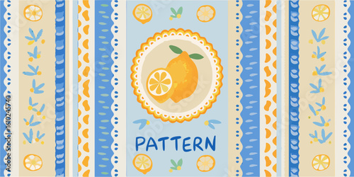 Vibrant Lemon Pattern with Floral and Geometric Accents on a Light Blue Background