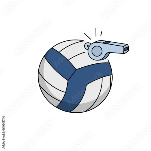 Illustration of a white and blue volleyball with a silver whistle blowing next to it.