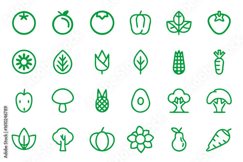 Collection of clean line art icons representing organic food products and healthy lifestyle choices for branding and design