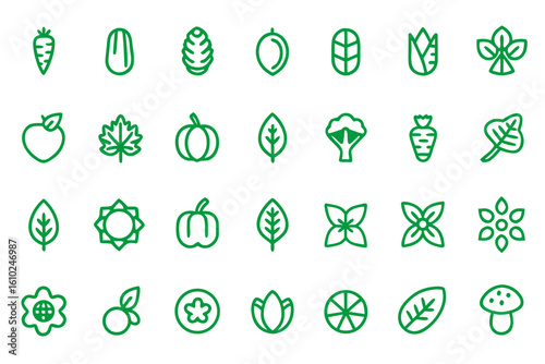 Clean and modern line art icon collection representing organic food products healthy eating and natural ingredients for branding and design projects