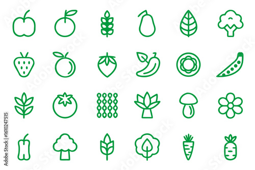Comprehensive collection of organic and vegan lifestyle symbols featuring a variety of food health and nature elements for modern design applications