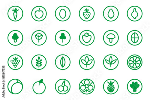 Comprehensive collection of organic and vegan lifestyle symbols for health conscious brands and eco friendly businesses featuring diverse dietary and wellness elements