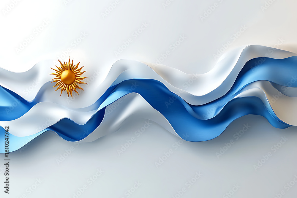 Naklejka premium Elegant waving Argentina national flag with golden sun emblem, flowing blue and white silk fabric texture, patriotic symbol of South American country, independence celebration background and national 
