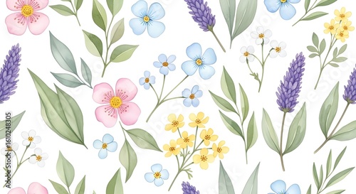 A colorful wild pattern with flowers and leaves