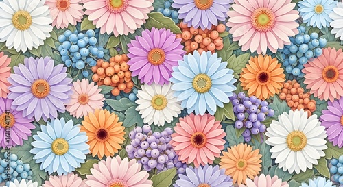 A colorful wild pattern with flowers and leaves