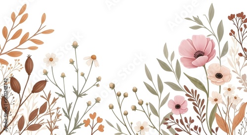 A colorful wild pattern with flowers and leaves