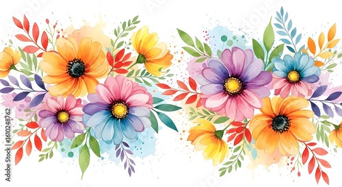 A colorful wild pattern with flowers and leaves