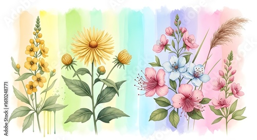 A colorful wild pattern with flowers and leaves