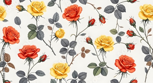 A colorful wild pattern with flowers and leaves