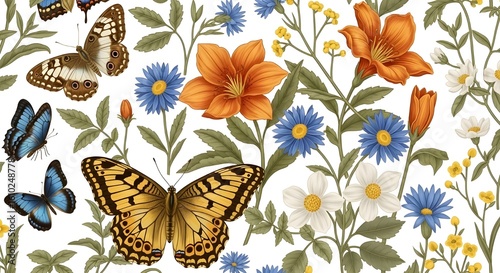 A colorful wild pattern with flowers and leaves 