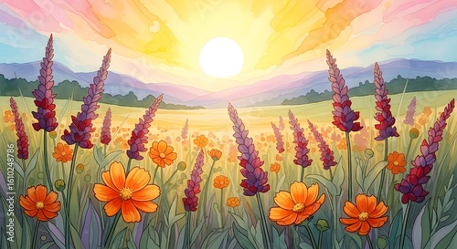 A colorful wild pattern with flowers and leaves 