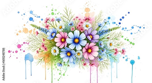 A colorful wild pattern with flowers and leaves 