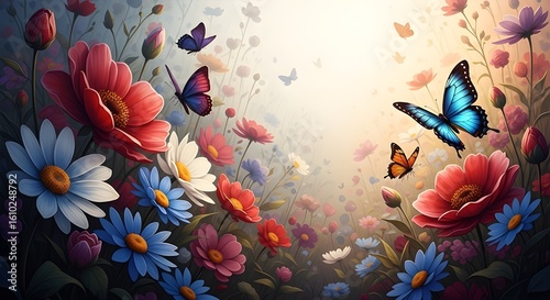 A colorful wild pattern with flowers and leaves 