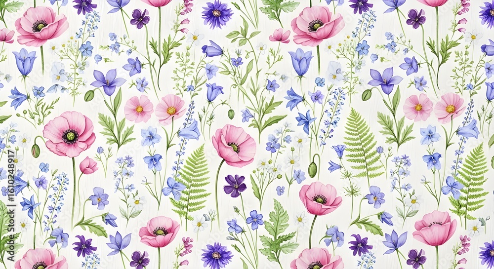Fototapeta premium A colorful wild pattern with flowers and leaves 