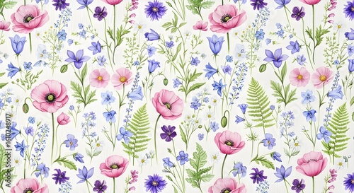 A colorful wild pattern with flowers and leaves 