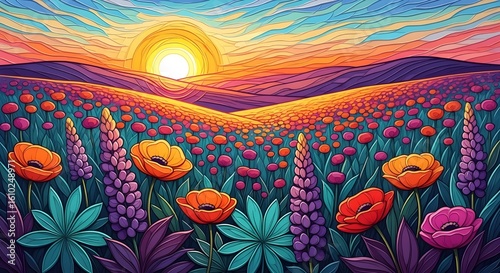 A colorful wild pattern with flowers and leaves 