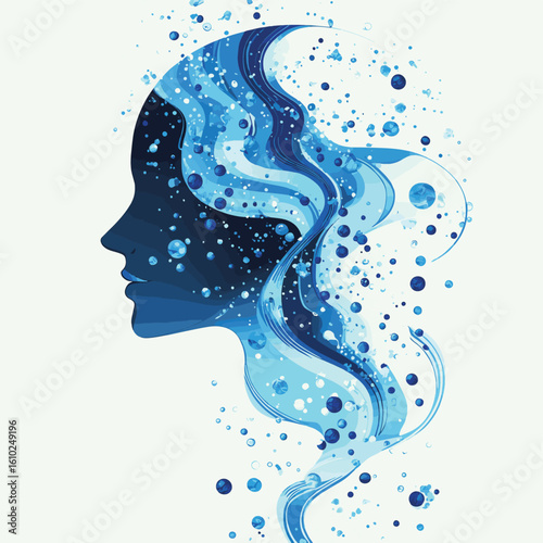 Abstract design of a human head silhouette with blue water drop and molecules on a light background, vector style simple color