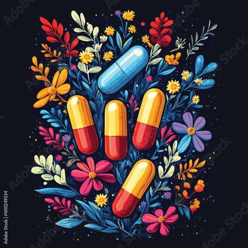 Colorful arrangement of capsules and flowers on a dark background showcasing health and wellness, vector style simple color