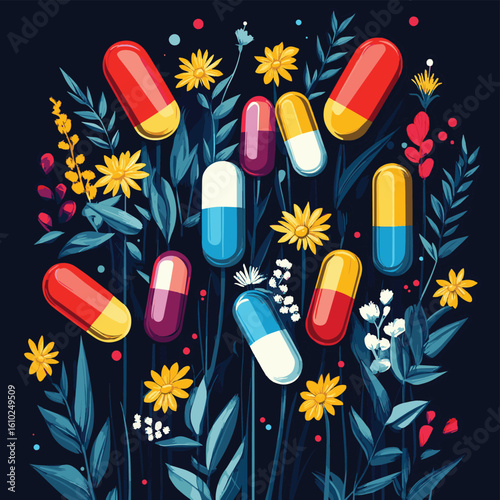 Colorful arrangement of capsules and flowers on a dark background showcasing health and wellness, vector style simple color