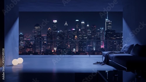 Nighttime city skyline reflected on water viewed from modern window interior. Urban nightscape concept