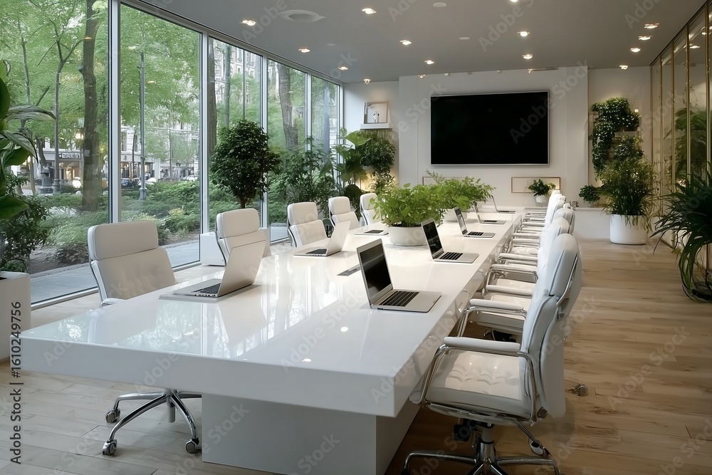 Modern Boardroom with Lush Greenery and Laptops Enhancing a Productive Office Environment Modern Boardroom with Lush Greenery and Laptops Enhancing a Productive Office Environment