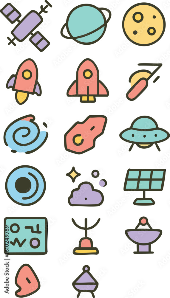 Fototapeta premium Colorful Space Exploration Icon Collection.