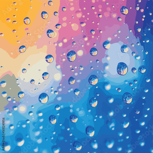 Dewdrops on a colorful background, abstract design, vibrant blue tones, refreshing atmosphere, vector style simple color