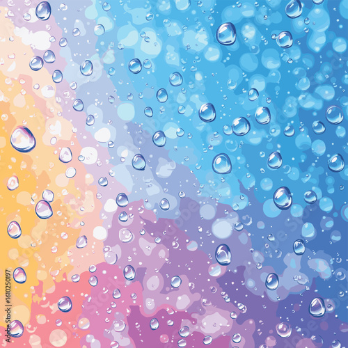 Dewdrops on a colorful background, abstract design, vibrant blue tones, refreshing atmosphere, vector style simple color