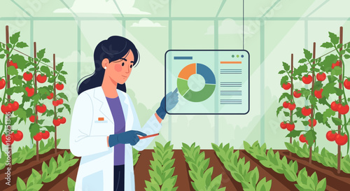 Scientist Analyzing Tomato Yield Data Inside Greenhouse
