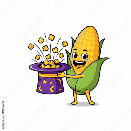 A cheerful cartoon corn character performing a magic trick, producing popcorn from a hat.