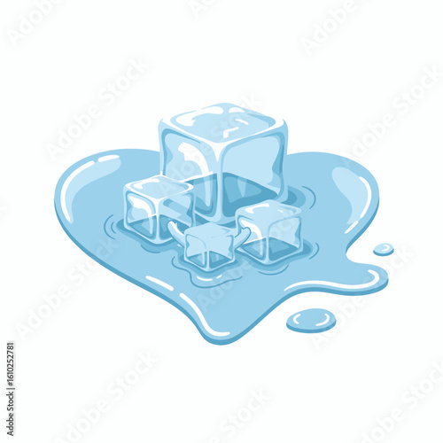 Four ice cubes melting on a surface, surrounded by a pool of water, creating a refreshing and cool visual.