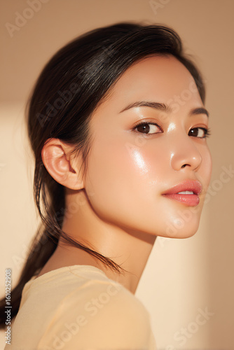 Korean woman with glass skin effect in soft focus closeup