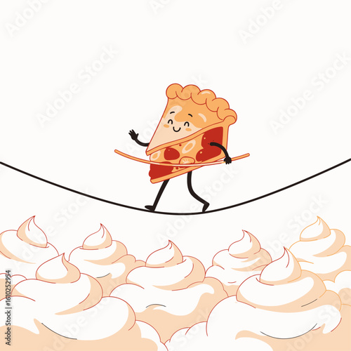 Animated slice of pie character joyfully balancing on a tightrope above whipped cream.