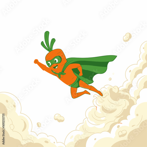A cheerful cartoon carrot superhero in a green cape and mask flying through the clouds.