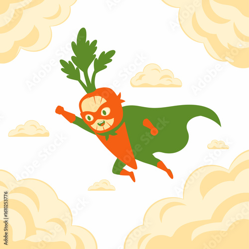 A cheerful cartoon superhero carrot character flying through a cloudy sky, ready for action.