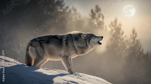 Majestic gray wolf howling at dawn on snowy hillside nature photography wildlife image for editorial and commercial use