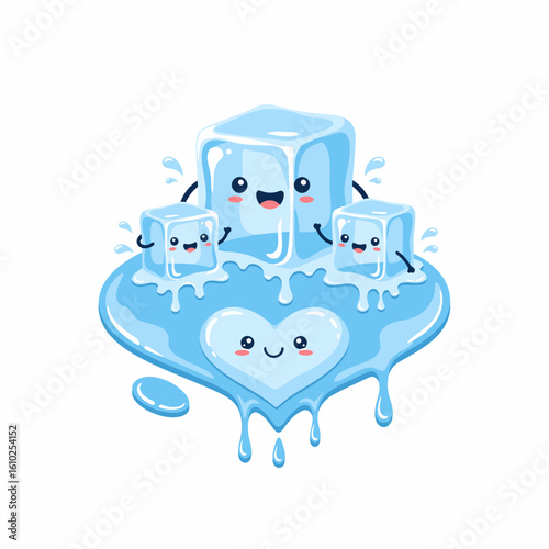 A cheerful family of anthropomorphic ice cubes, including a parent and two children, melting together on a heart-shaped puddle of water, conveying warmth and affection.