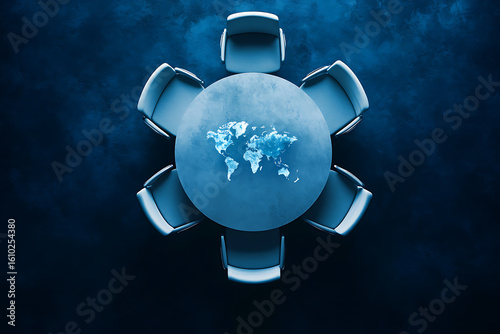 Global business summit round table concept, top view with world map imprint, international strategy meeting layout, corporate diplomacy, global trade cooperation, geopolitical negotiations, abstract l