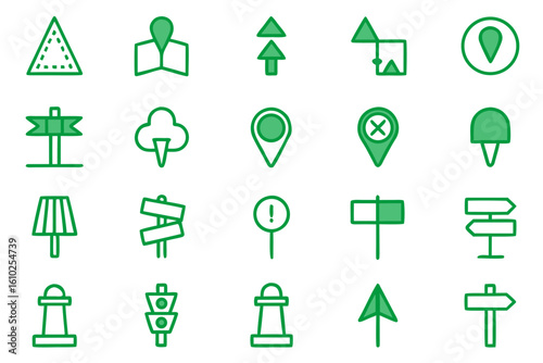 Comprehensive collection of essential line art symbols for public navigation and user interface design featuring clean outlines and clear visual cues