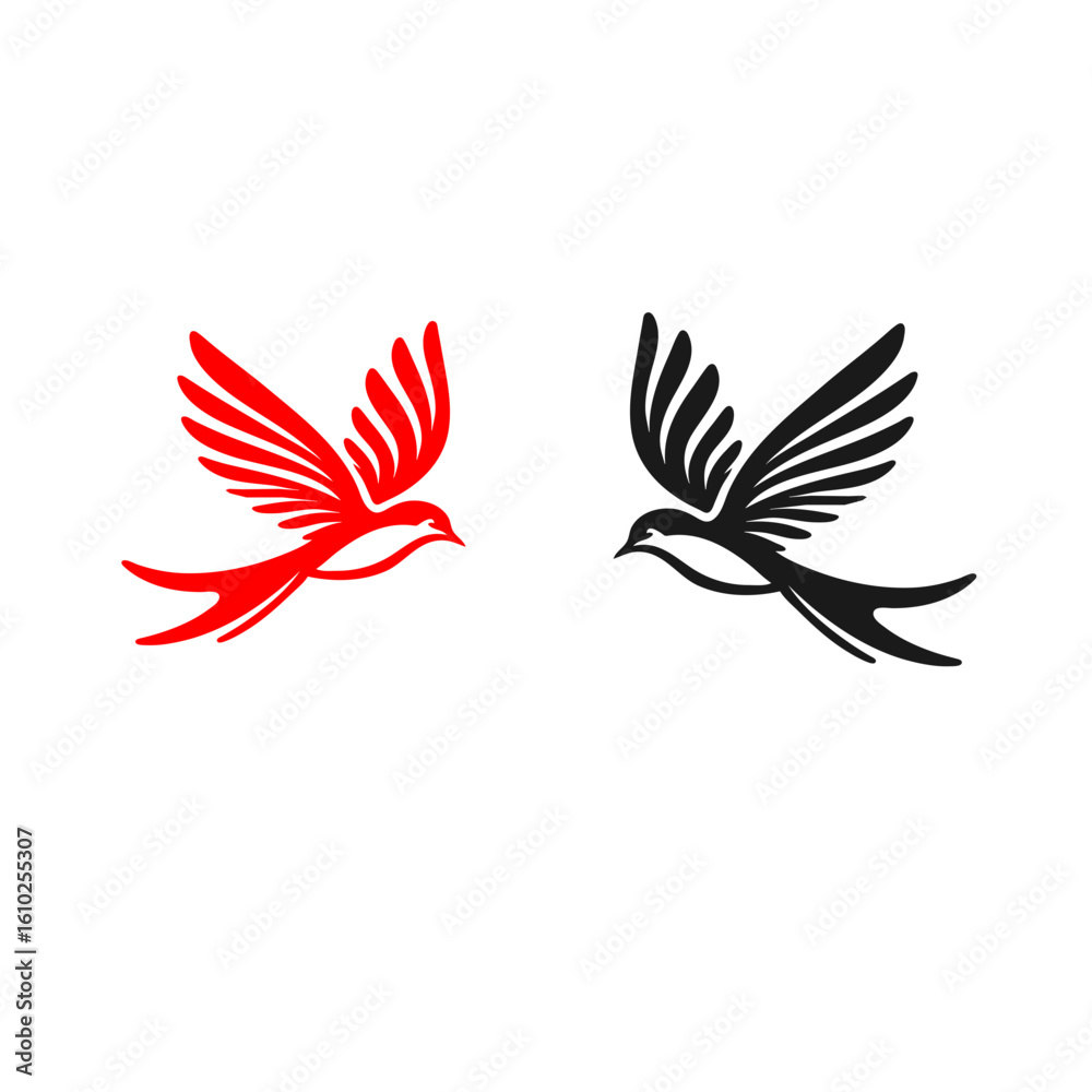 Obraz premium Red and Black Bird Silhouettes in Flight – Minimalist Vector Art