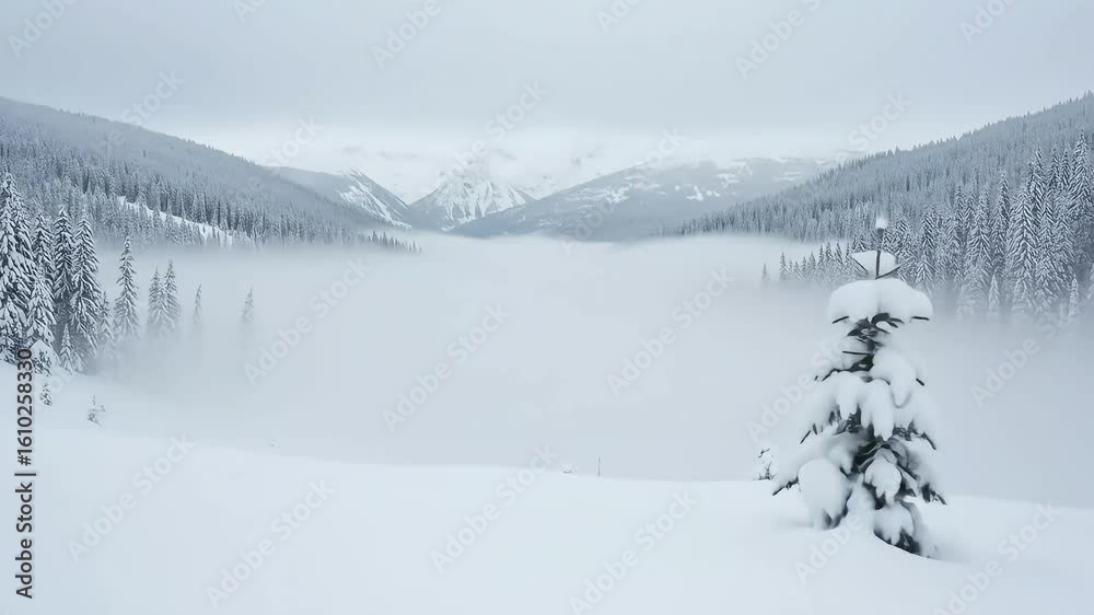 Snowy foggy mountain valley Snowy foggy mountain valley