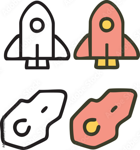 Rocket and Asteroid Icons for Space Exploration.
