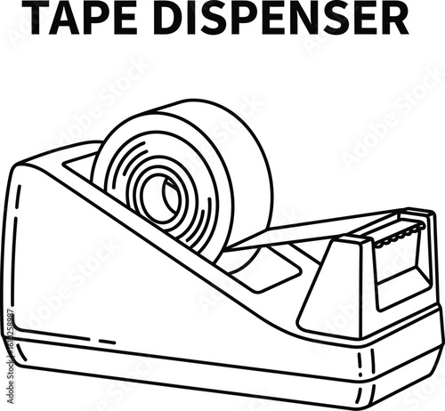 Outline drawing showcases a tape dispenser with a roll of tape, ideal for illustrating office supplies, stationery, or organizational tools in a minimalist style.