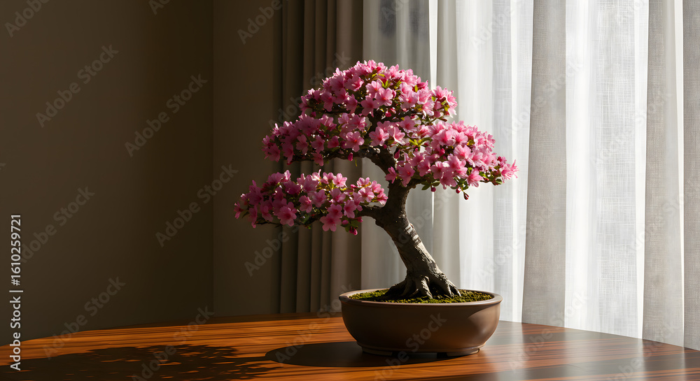 Fototapeta premium Pink Flowering Bonsai Tree on Brown Table with Natural Light